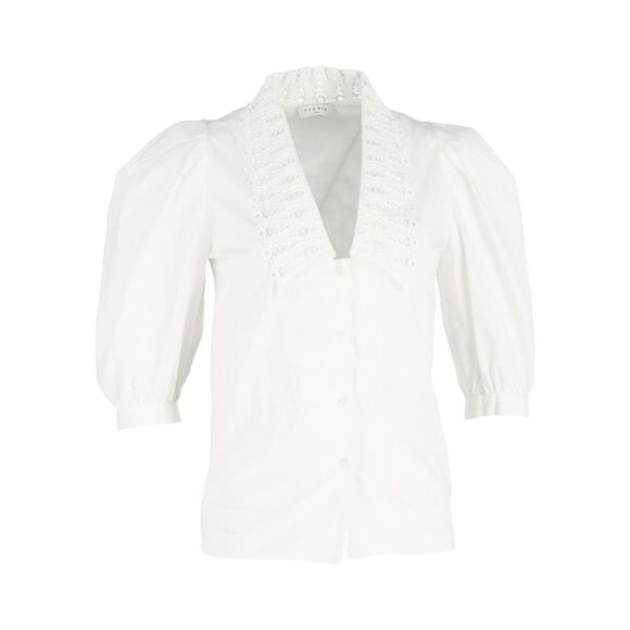Sandro Lilie Puff Sleeve Shirt in White Cotton